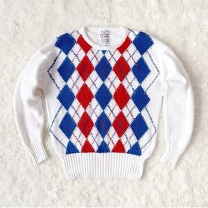 VTG Men White Argyle Cotton Scotland Crewneck Knit Sweater SMALL Preppy Classic